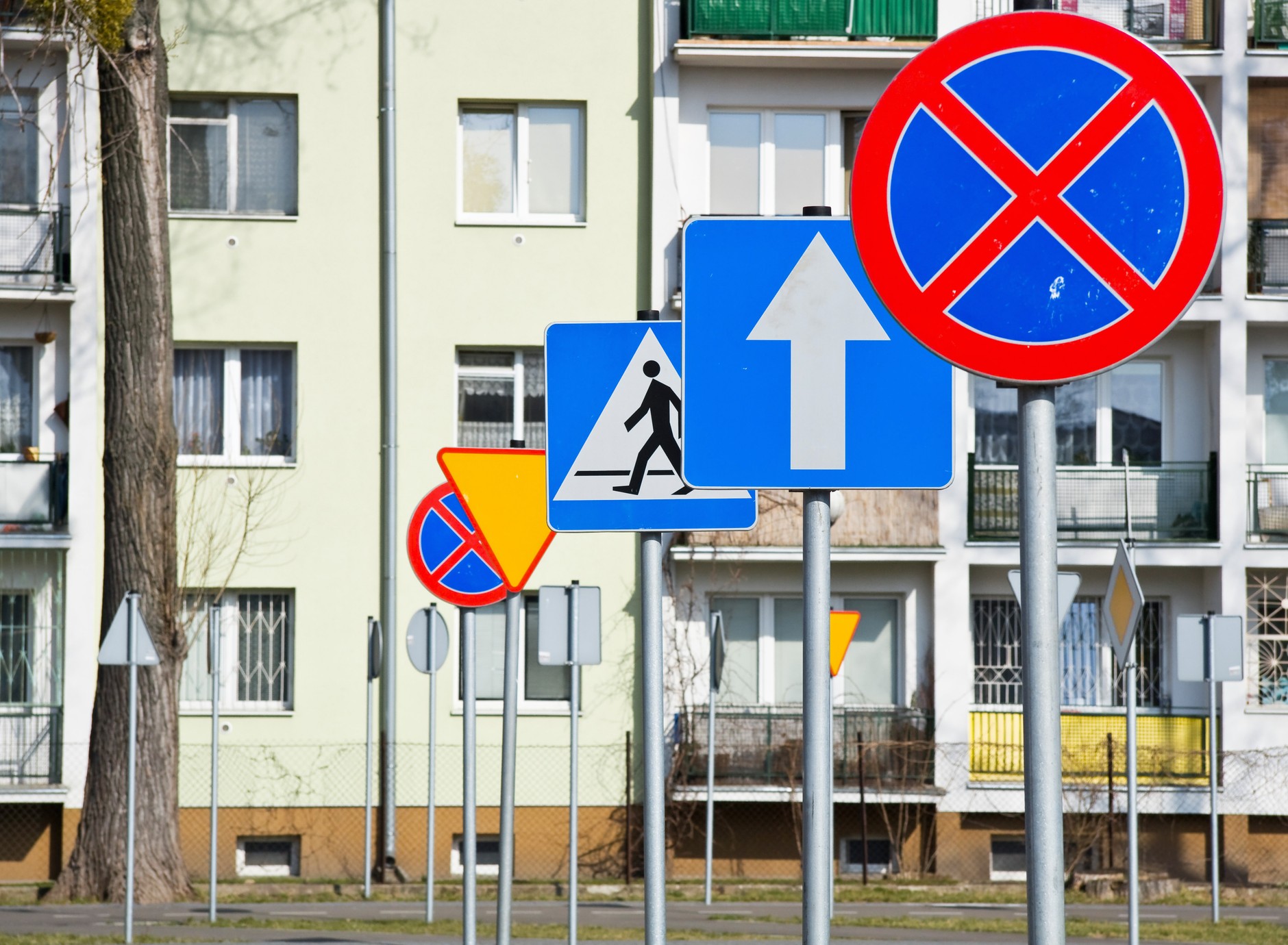 Znak D-3 (drugi od prawej) informuje o drodze jednokierunkowej