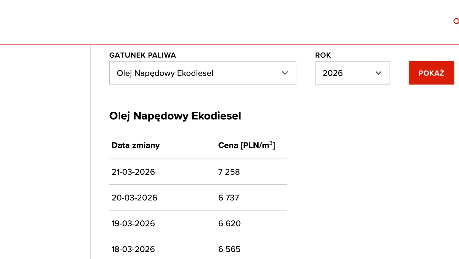 Tak wygląda strona Orlenu, na której podawane są hurtowe ceny paliw. Obejmują one akcyzę i opłatę paliwową, ale nie obejmują podatku VAT