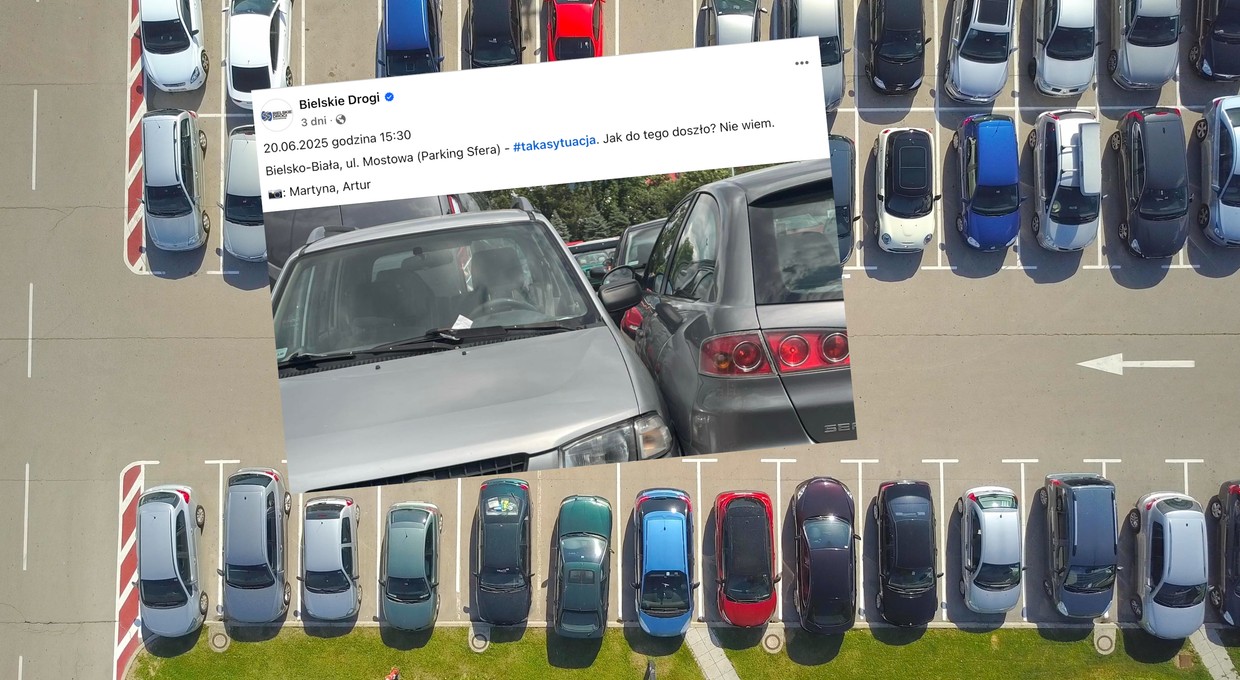 Nietypowa sytuacja na parkingu w Bielsku-Białej. Kierowcy musieli mieć problem z odjazdem