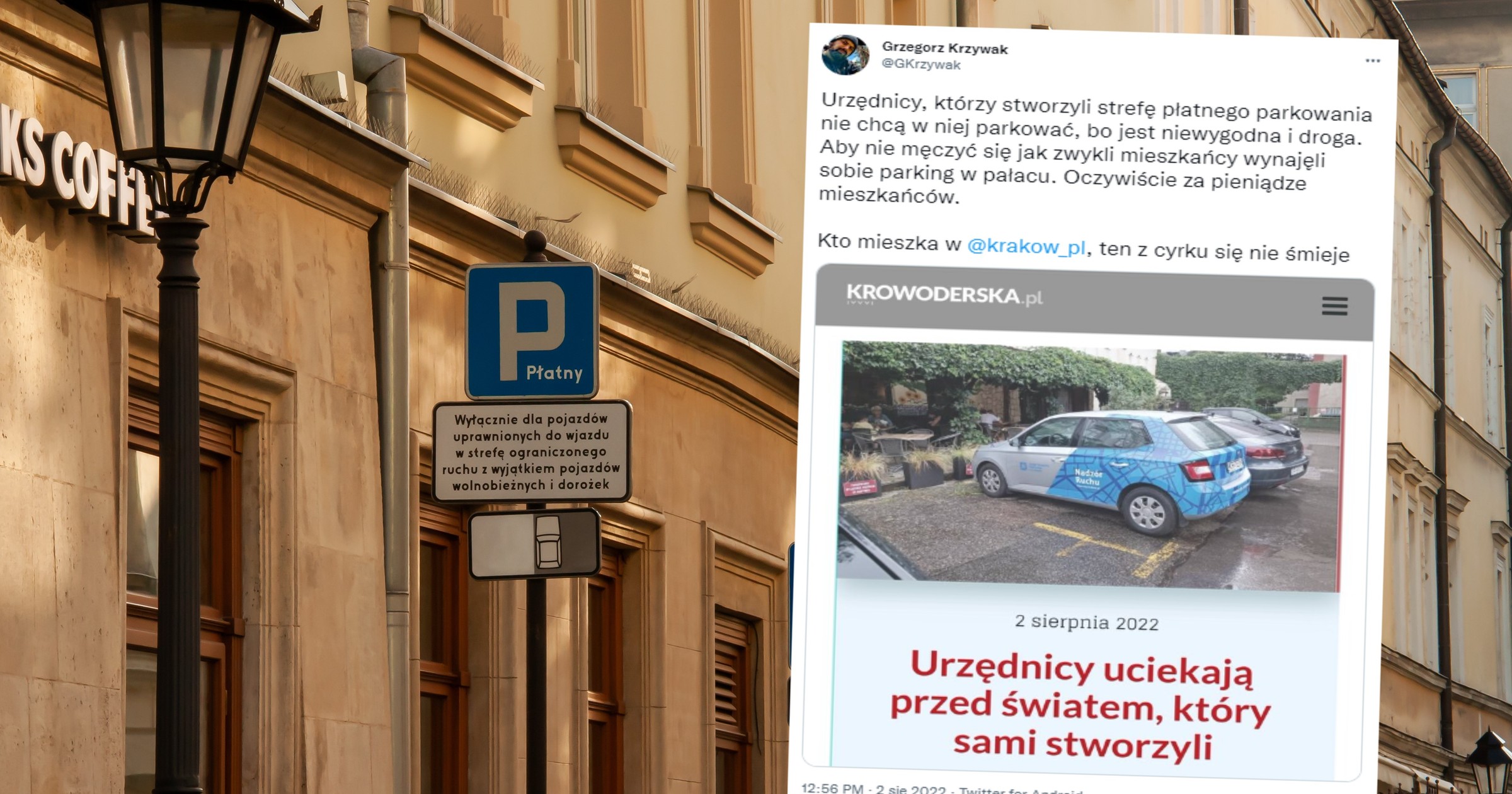Krakowscy urzędnicy, którzy ograniczają ruch samochodowy w mieście, wynajęli parking w ścisłym centrum (screen: Twitter.com/GKrzywak)
