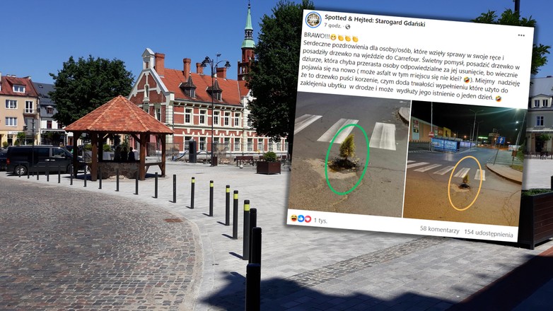 "Kociewski sposób" na łatanie dziur w jezdni (Screen: Facebook/Spottedstarogardgdanski)