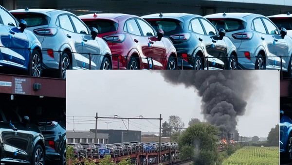 Pożar pociągu transportującego nowe Fordy Puma [Nagranie]