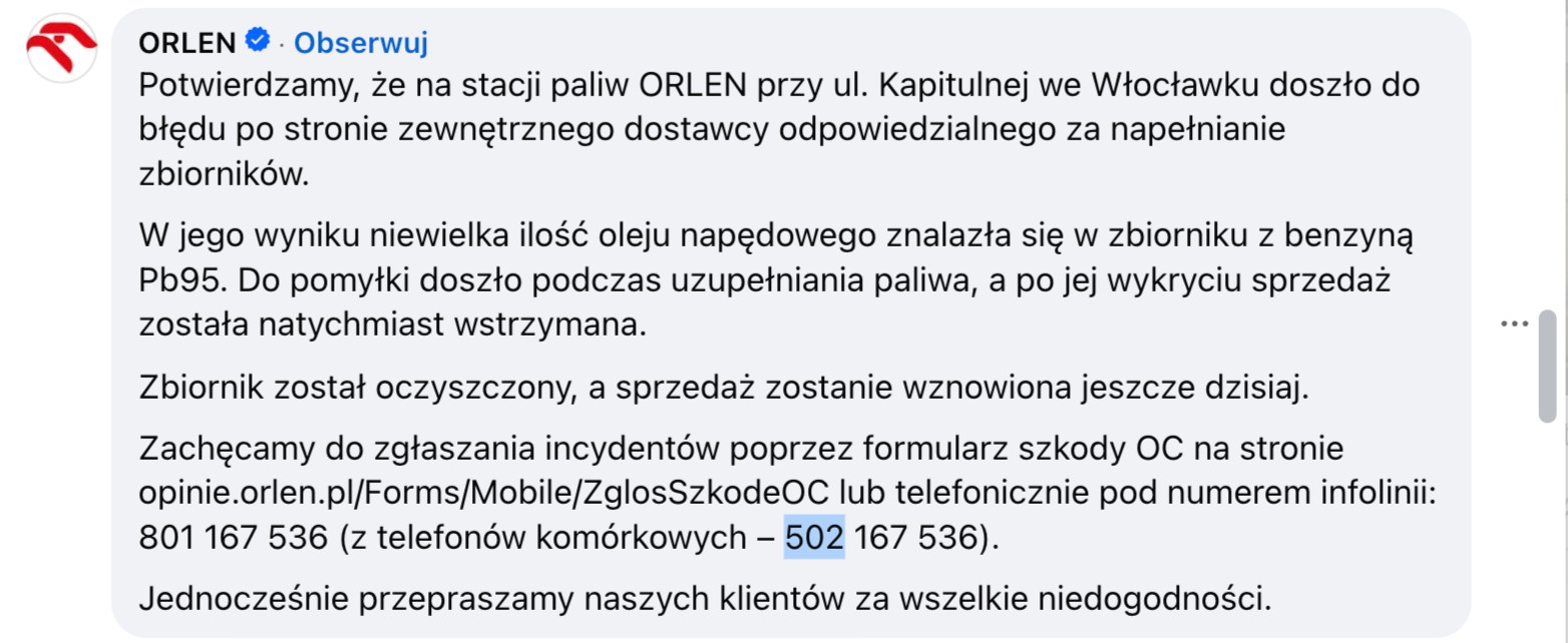 Oświadczenie Orlenu w kontekście pomyłki na stacji paliwe we Włocławku