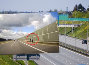 Rozpędzone auto prawie wjechało w ludzi na autostradzie [WIDEO]