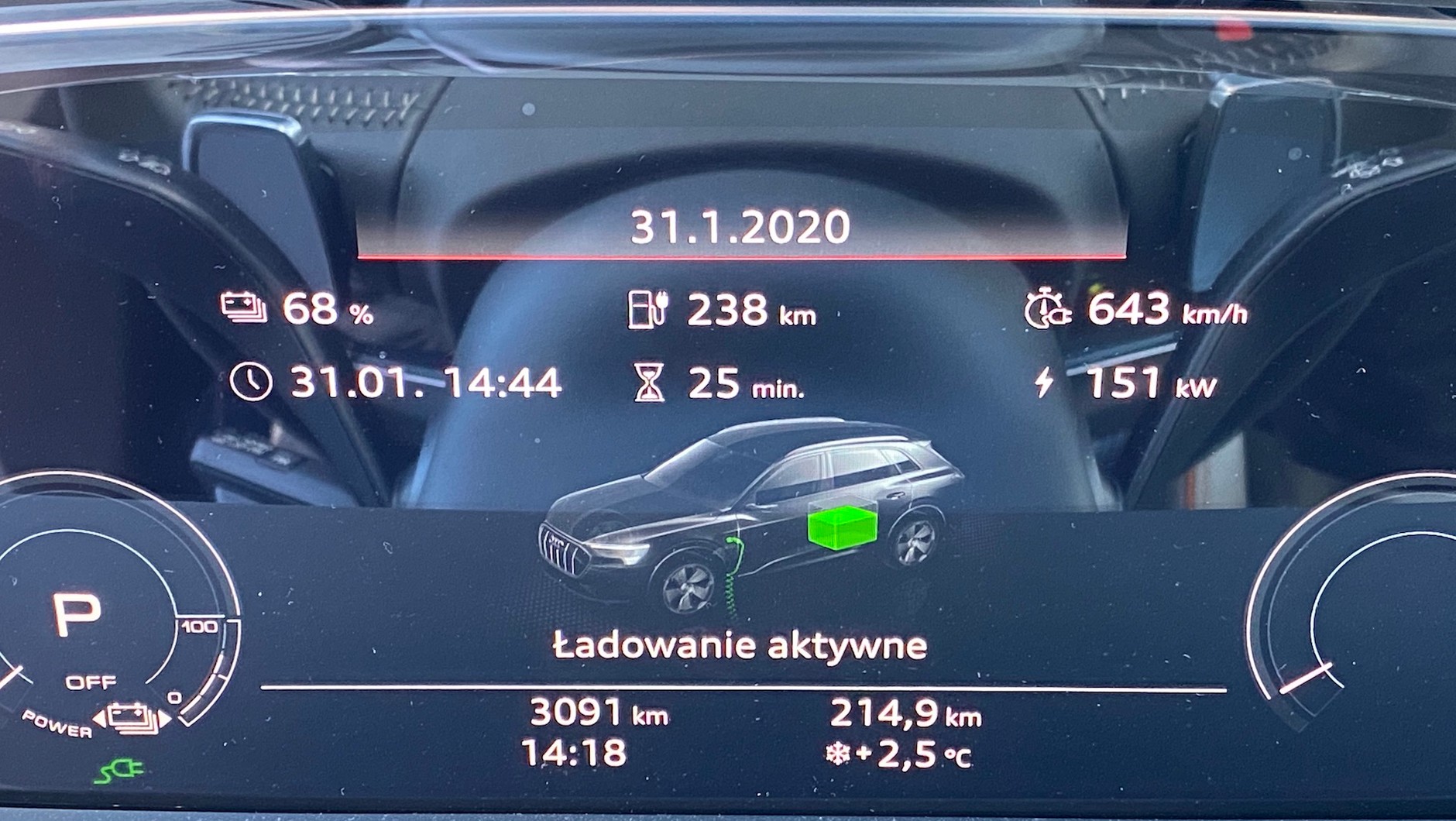 Teoretycznie e-tron może być ładowany z maksymalną mocą 150 kW. Momentami zdarza mu się przyjąć nawet nieco więcej