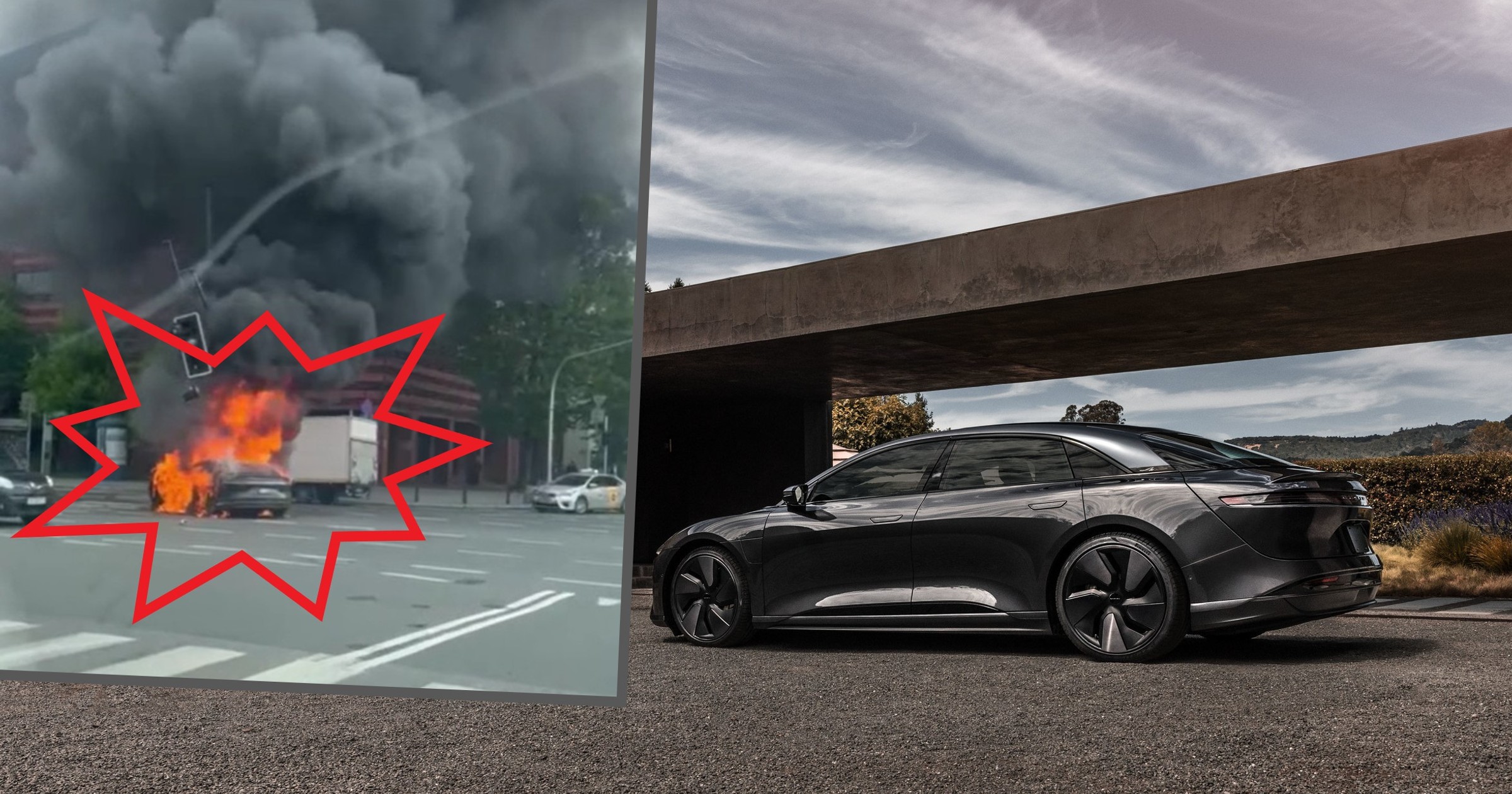 Lucid Air doszczętnie spłonął po wypadku w Warszawie. Są nagrania