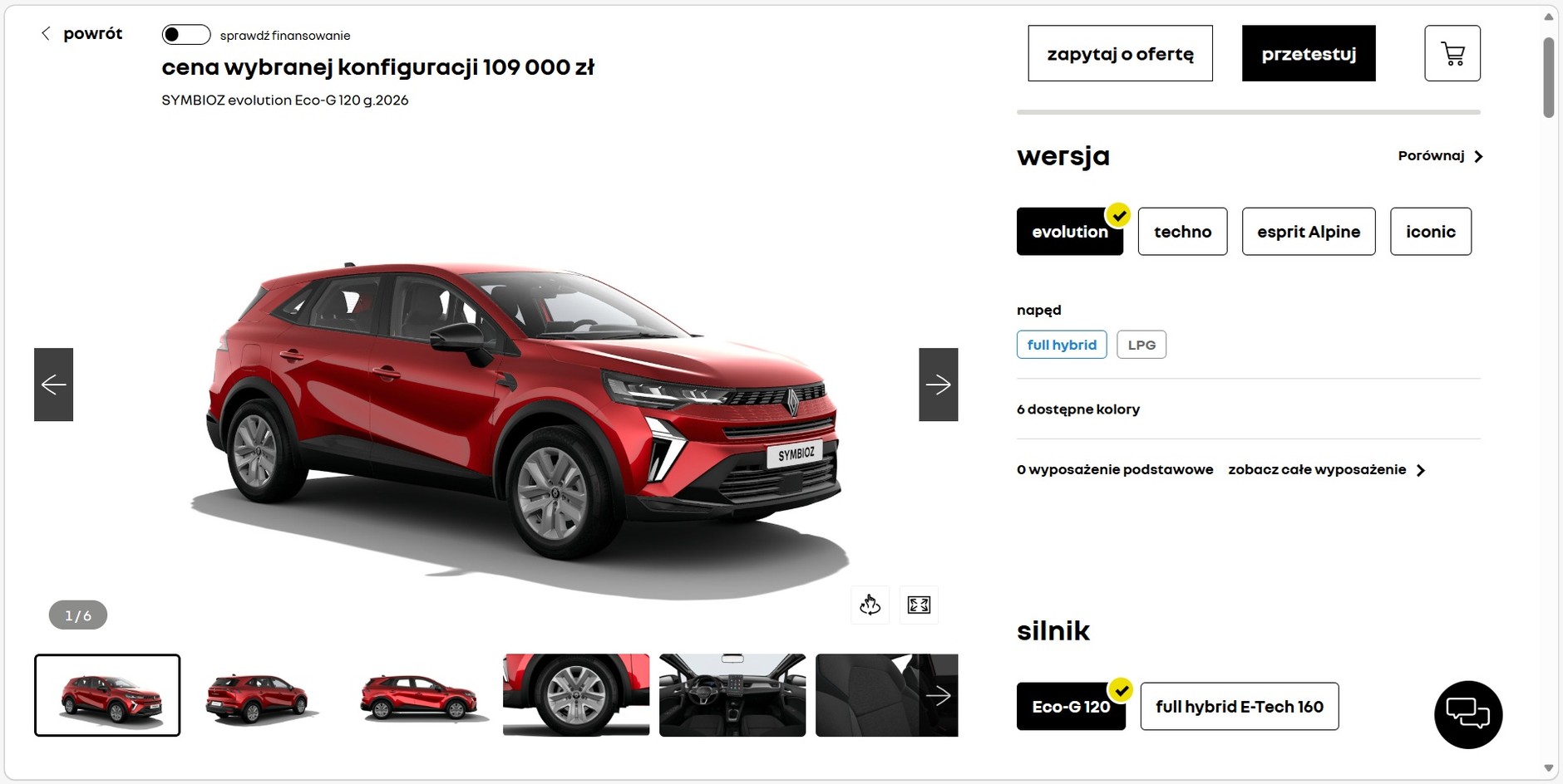 Zrzut ekranu z konfiguratora Renault Symbioz