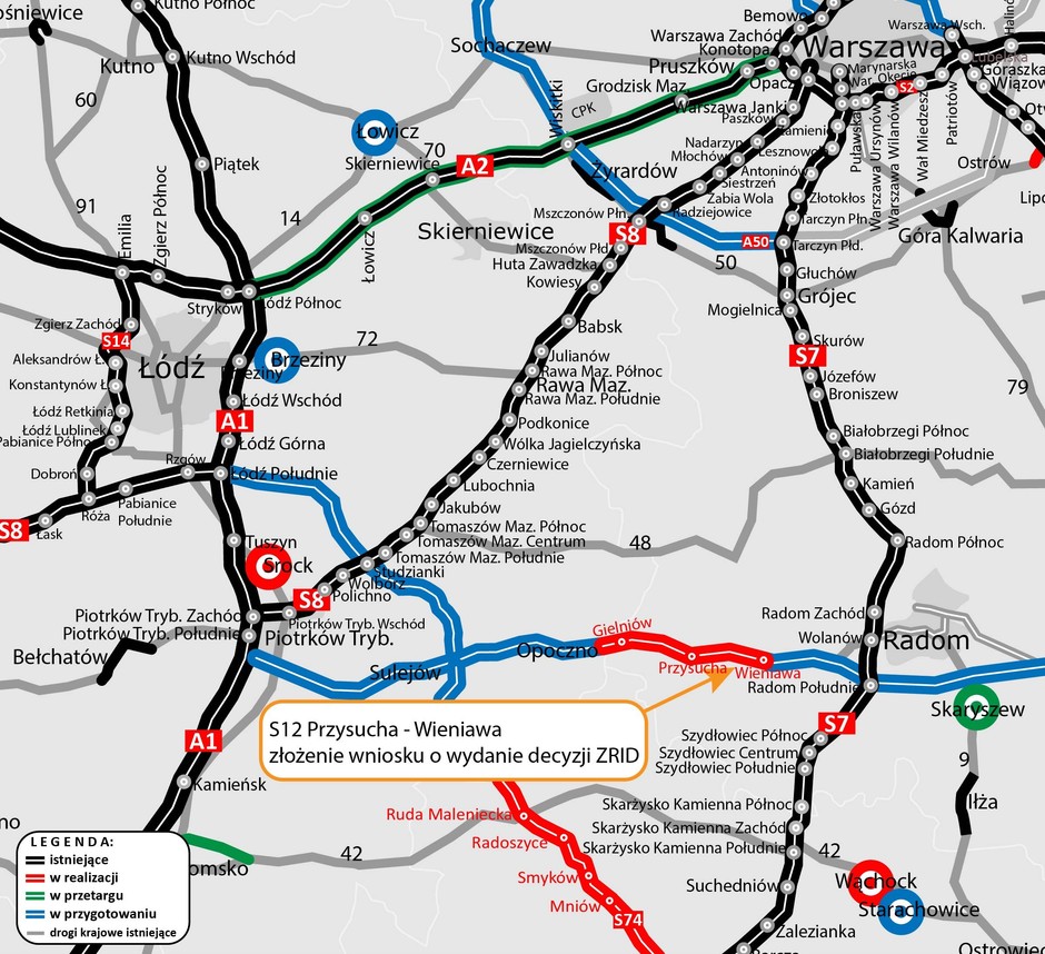 Mapa nowego odcinka drogi S12 między Przysuchą a Wieniawą