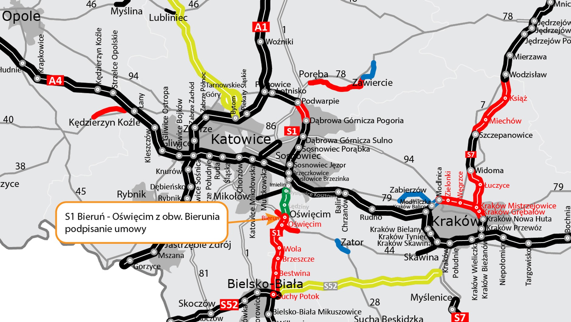 Mapa stanu budowy S1 Mysłowice — Bielsko-Biała