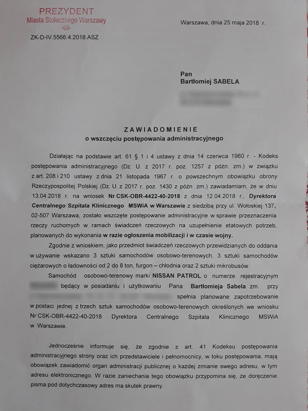 Pismo od Prezydenta m.st. Warszawy