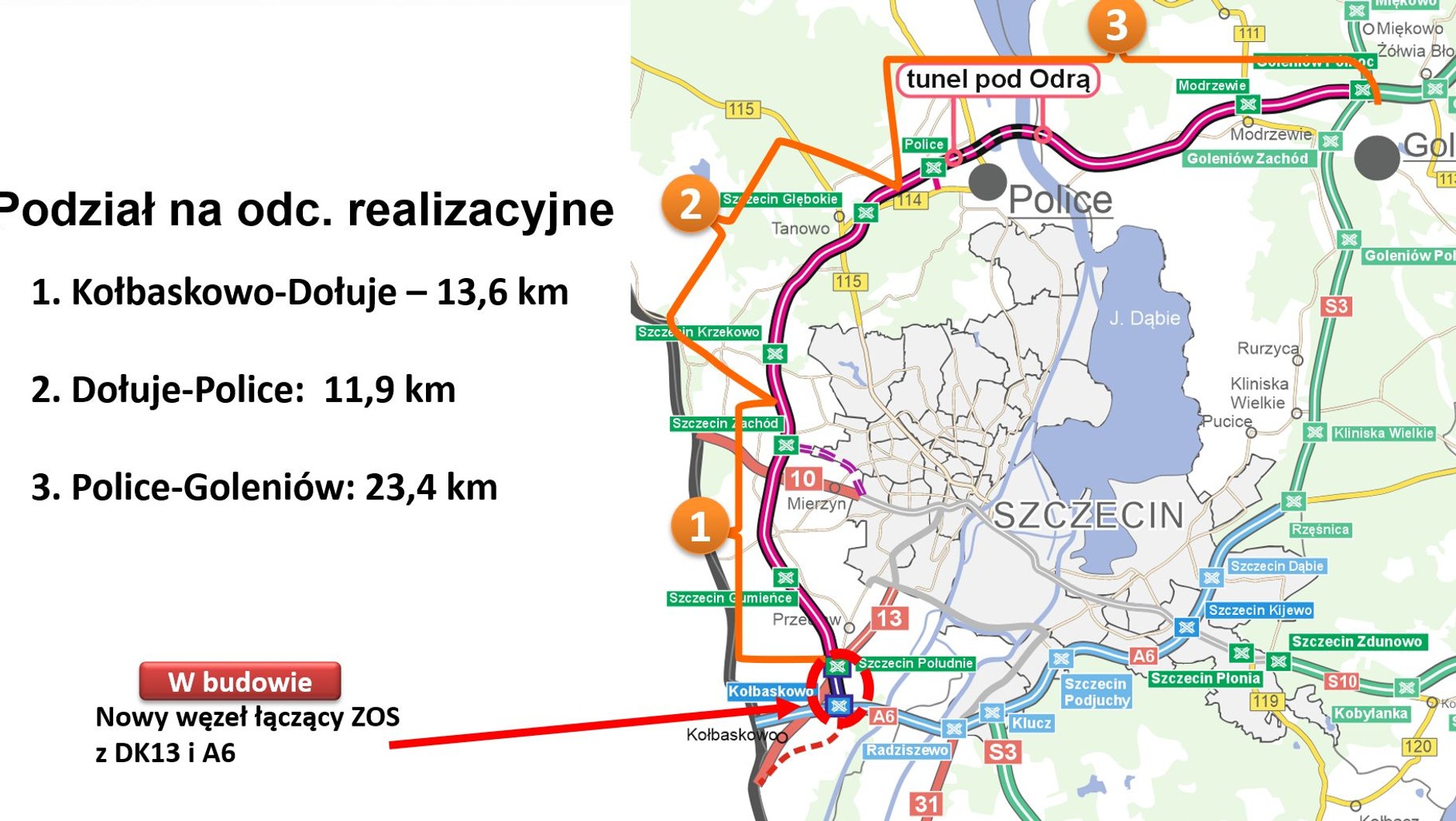 Zachodnia Obwodnica Szczecina - podział na odcinki realizacyjne
