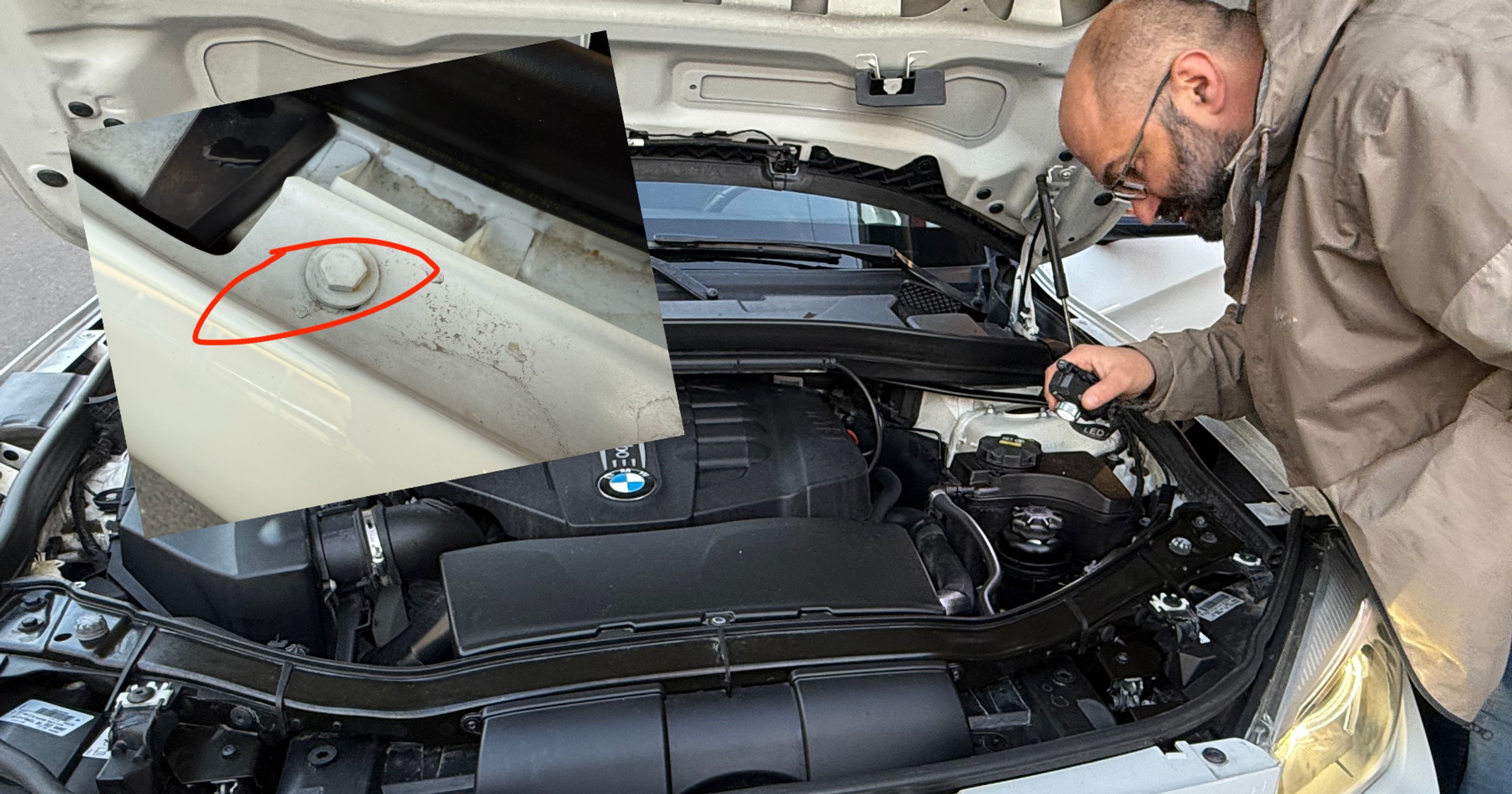 Wyraźne ślady odkręcania elementów blacharskich to jedne z wielu detali wskazujących na to, że BMW X1 ma za sobą przygody, o których nie było mowy w ogłoszeniu