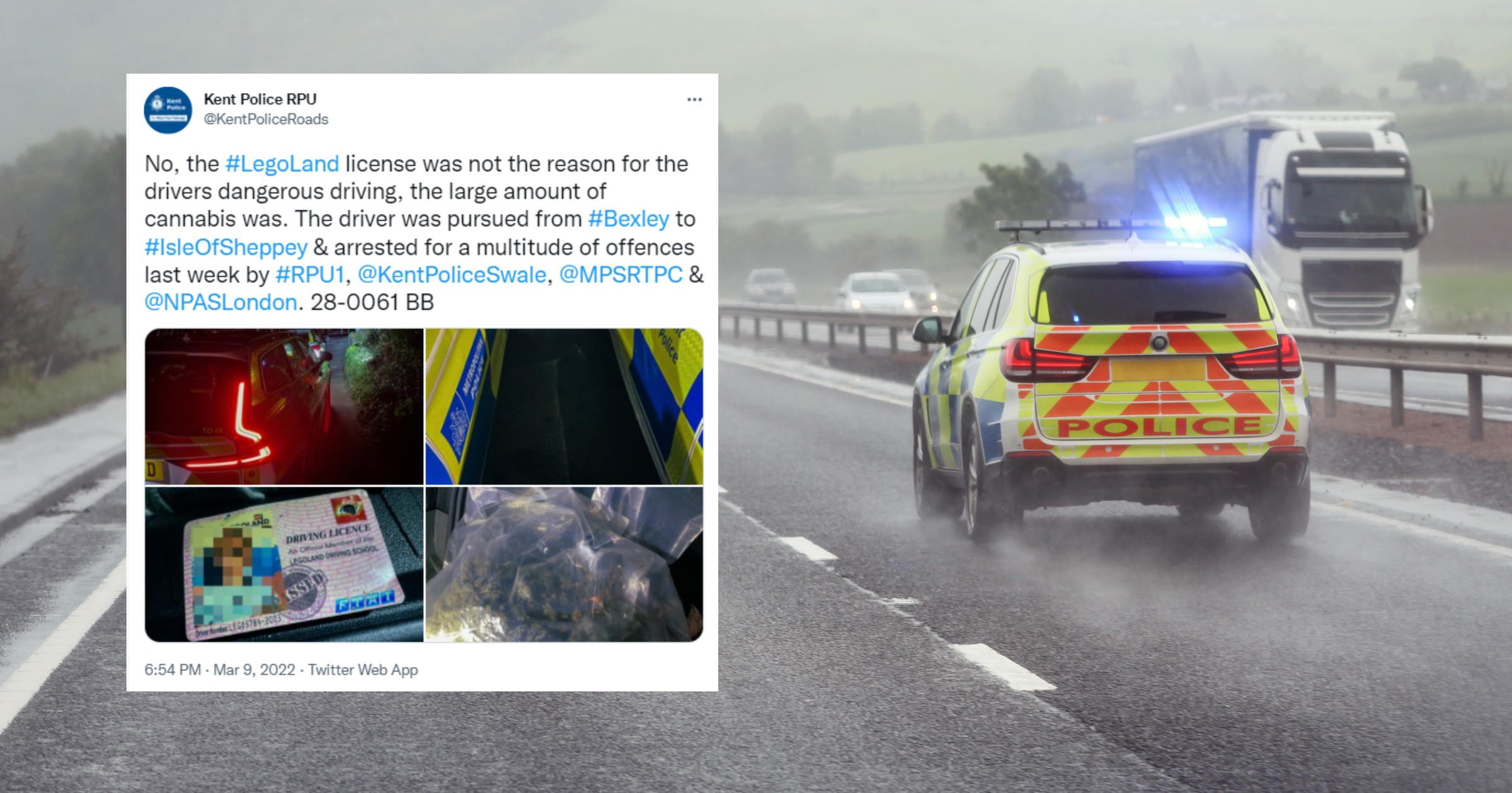 21-letni pirat drogowy po zatrzymaniu przez policję, pokazał im "prawo jazdy" z Legolandu (fot. Brian A Jackson/Shutterstock, twitter.com/KentPoliceRoads)