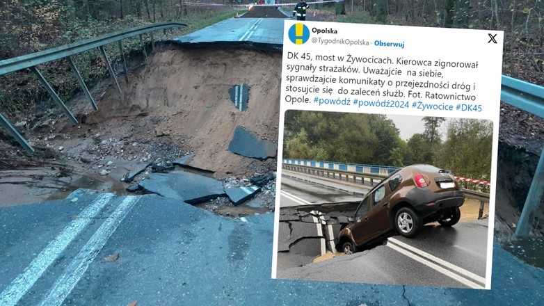 Powódź przerwała most w Żywocicach. Kierowca Dacii Duster zaryzykował