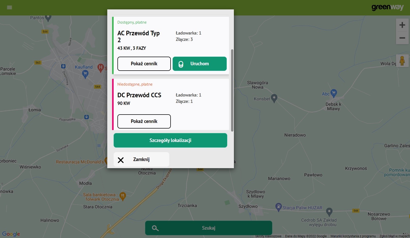 Status ładowarki GreenWay w Mławie