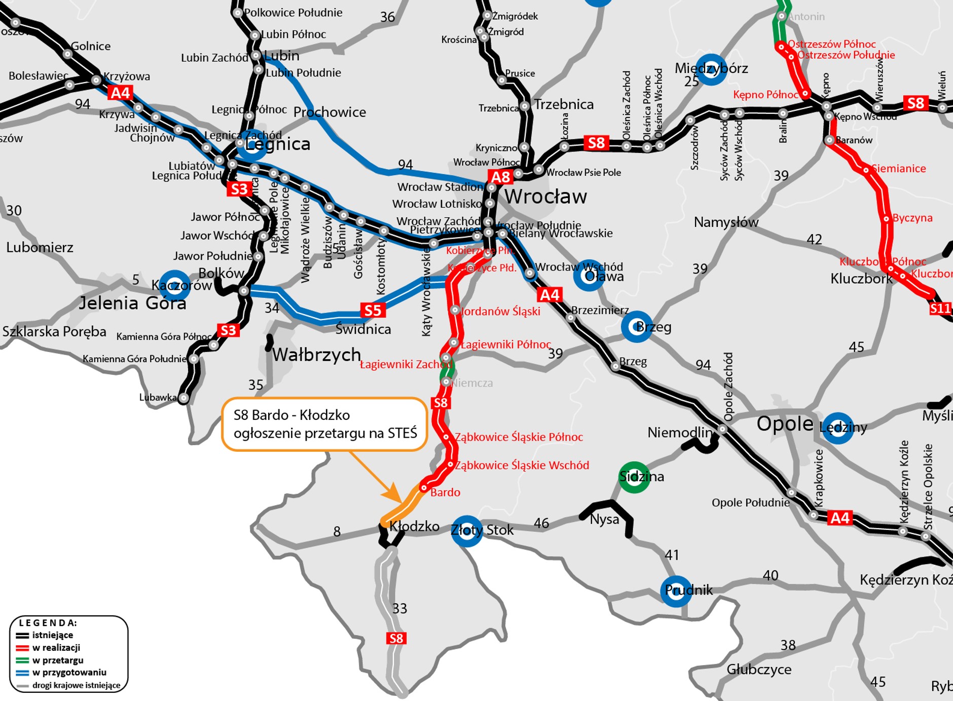 Droga S8 Bardo — Kłodzko, mapa