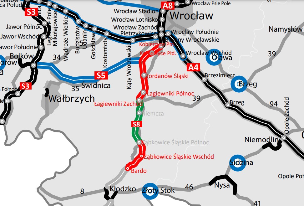 Droga S8 Łagiewniki Zachód — Niemcza. Mapa