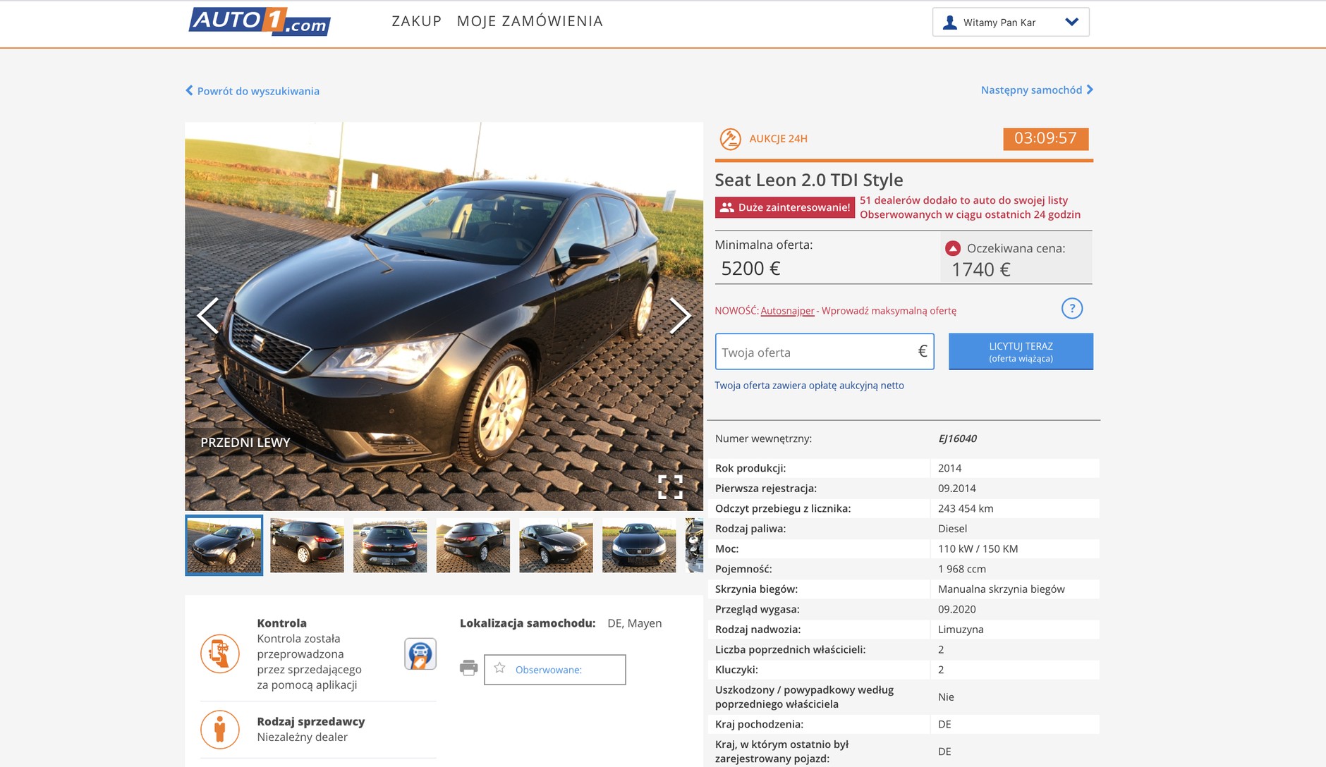 Przykładowa oferta sprzedaży za pośrednictwem platformy AUTO1.com