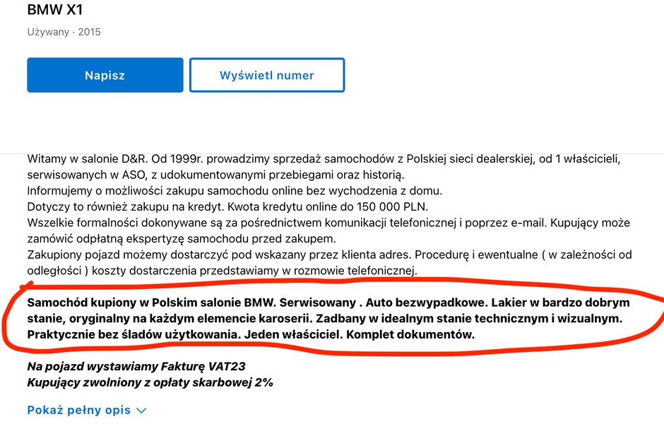 Fragment ogłoszenia: trudno, chcąc kupić auto, nie uwierzyć w tak stanowcze zapewnienie sprzedawcy