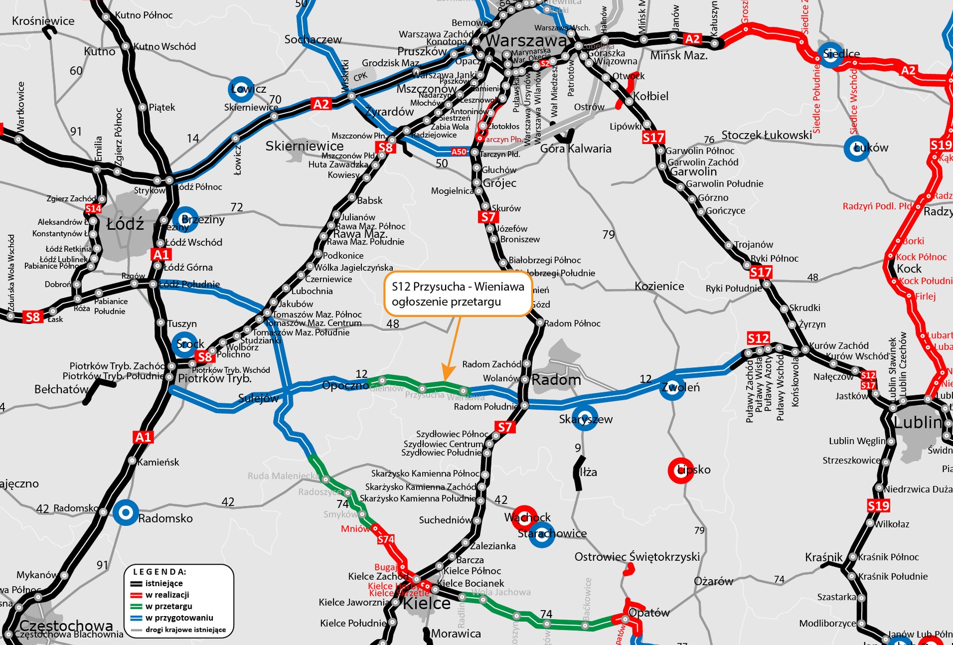 Lokalizacja odcinka S12 Przysucha — Wieniawa na mapie woj mazowieckiego