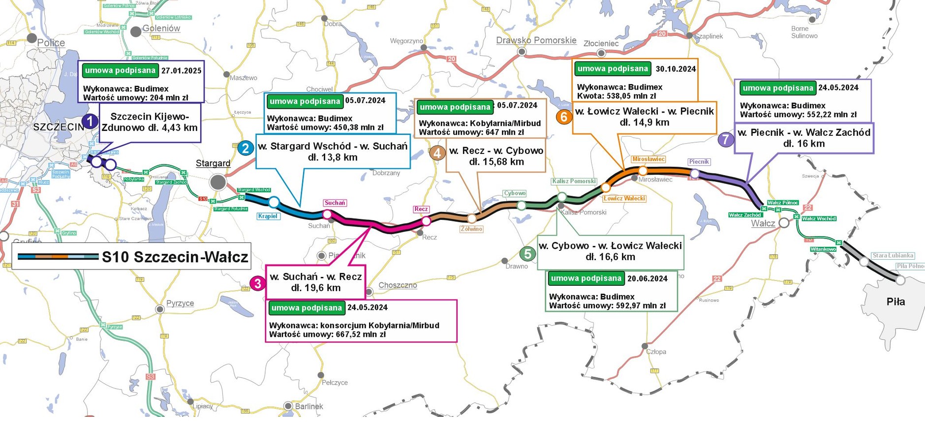 Mapa odcinków S10 Szczecin-Wałcz