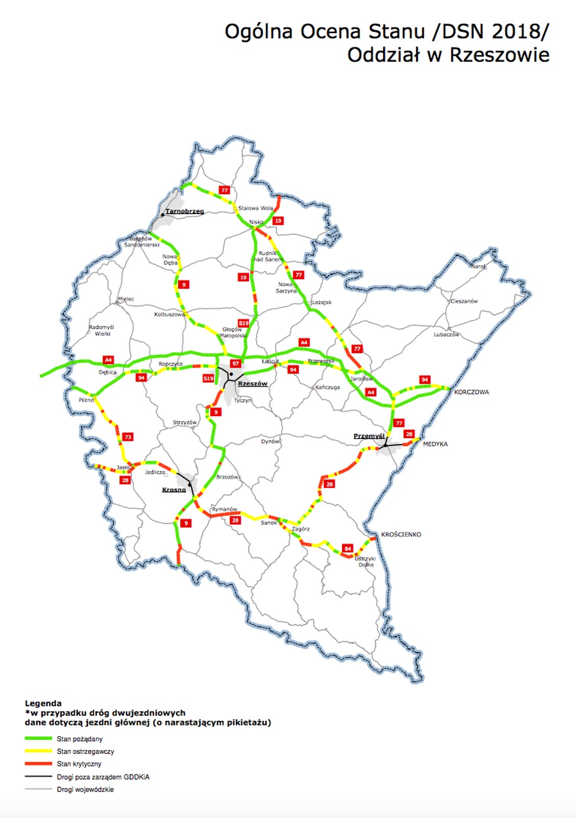 Mapy poglądowe z ogólną oceną stanu technicznego nawierzchni w poszczególnych oddziałach GDDKiA