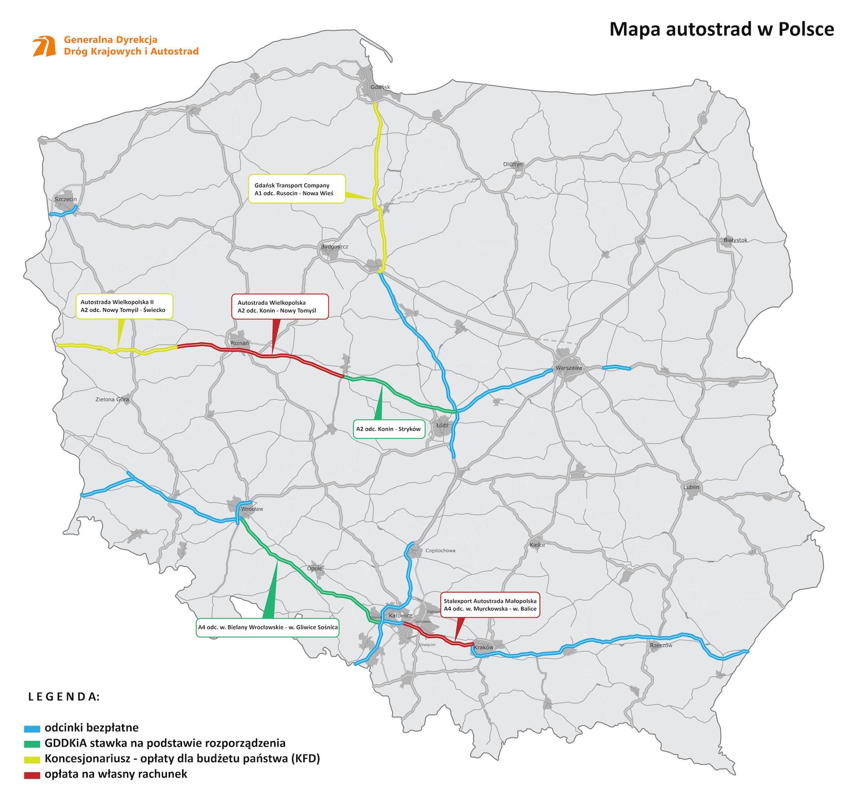 Mapa płatnych autostrad w Polsce