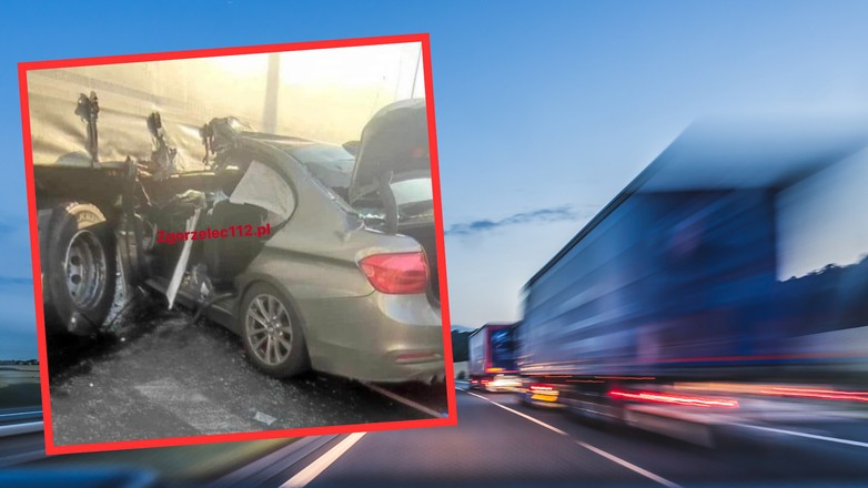 Nieoznakowany radiowóz zderzył się z ciężarówką na autostradzie A4 (screen: zgorzelec112/Facebook)