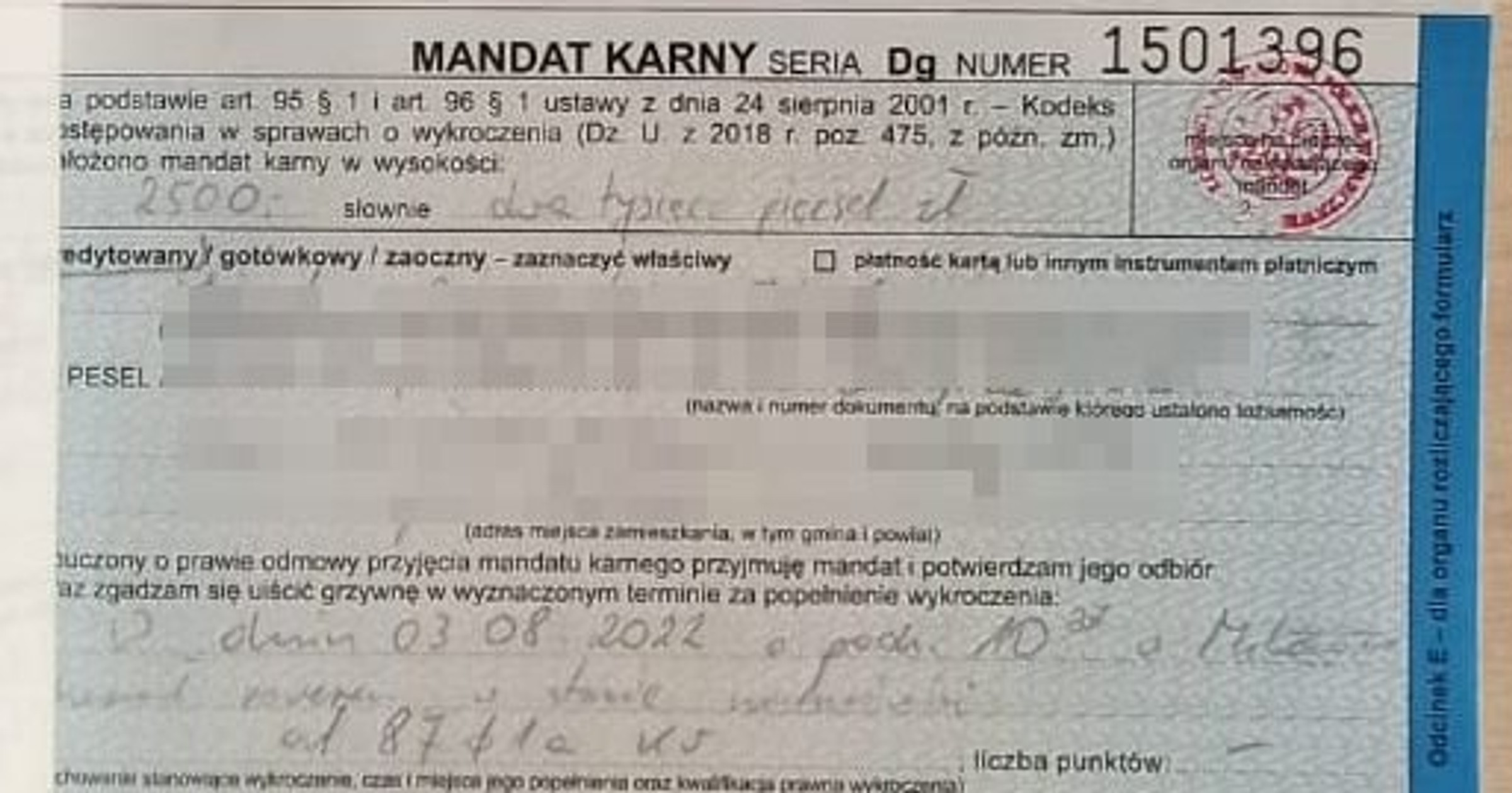 Mandat karny - KPP Parczew
