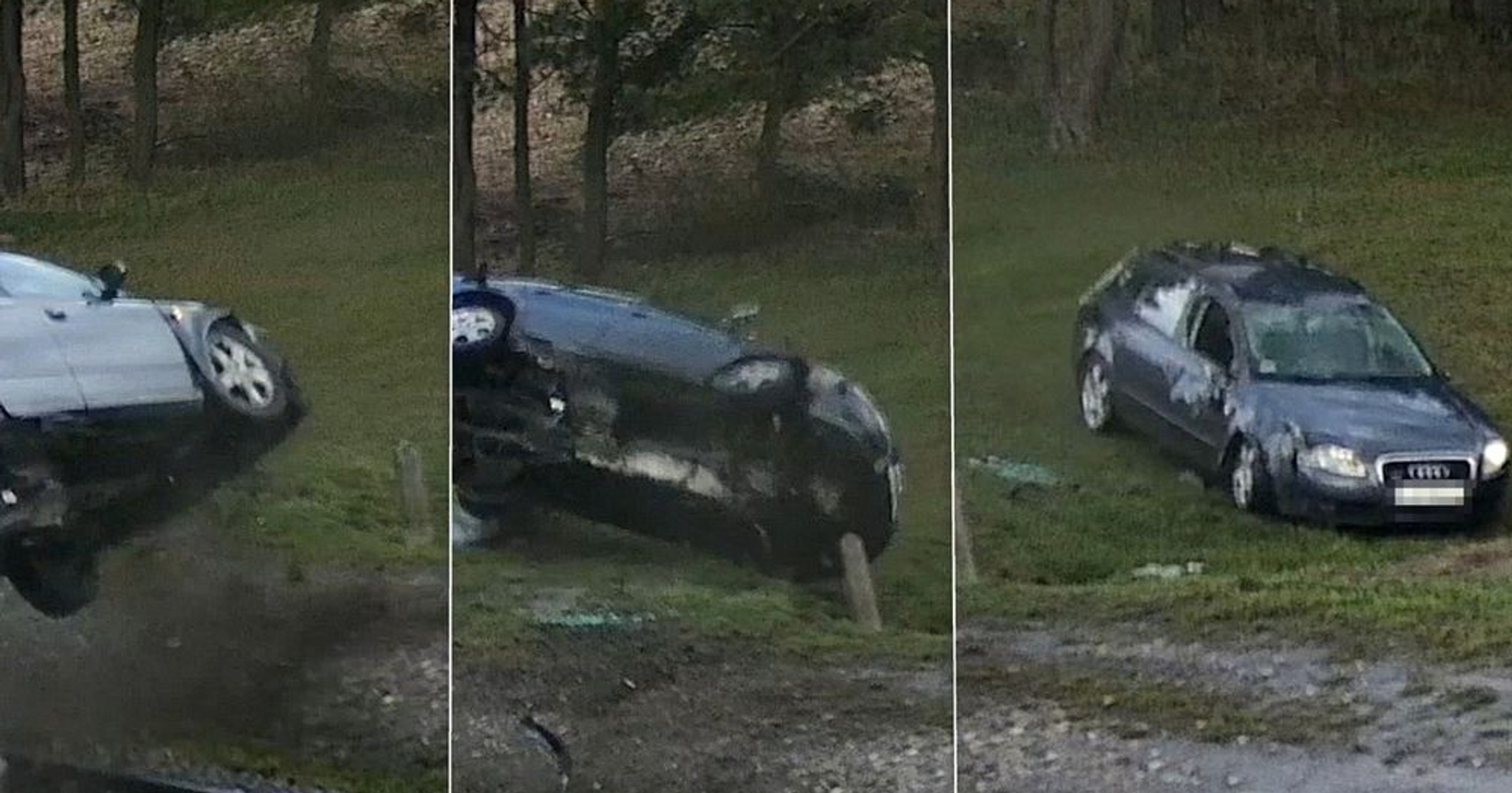 Najpierw przeleciał nad torowiskiem, później dachował. O dziwo nic mu się nie stało