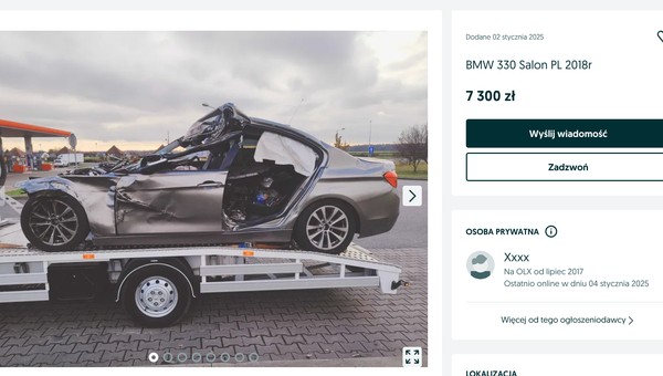 W popularnym serwisie ogłoszeniowym pojawiła się oferta sprzedaży rozbitego BMW. Czy to wrak radiowozu po tragicznym wypadku?