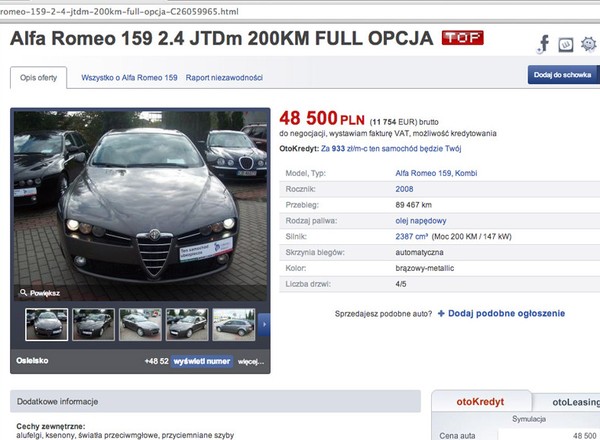 Szukamy auta z ogłoszenia : Alfa Romeo 159 Sportwagon 2.4 JTD