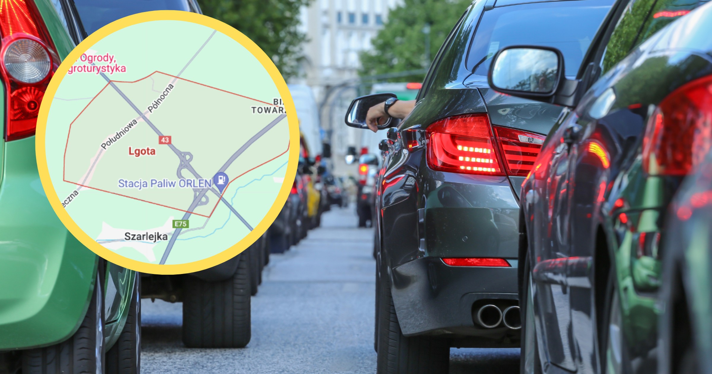 W okolicach Częstochowy na DK 43 tworzą się ogromne korki (Zdjęcie mapy: Mapy Google)