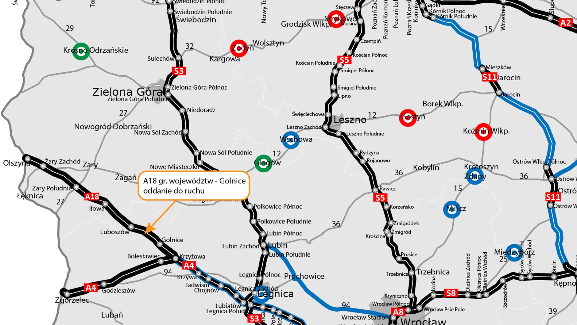 Mapa z przebiegiem autostrady A18