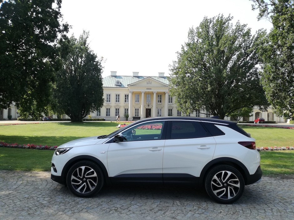 Grandland X przed pałacem w Walewicach