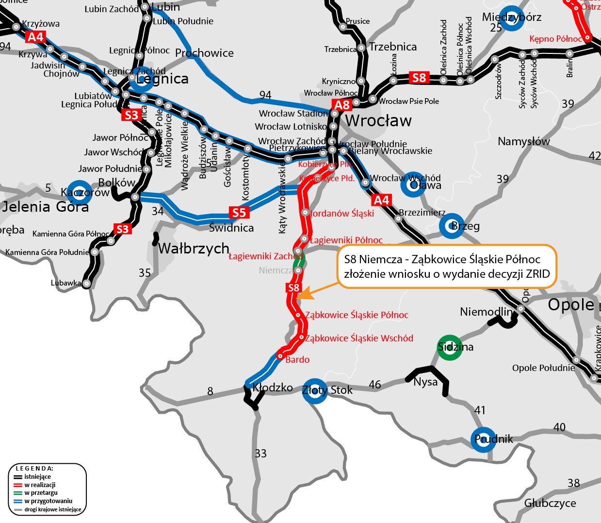 Droga S8 na południu - mapa