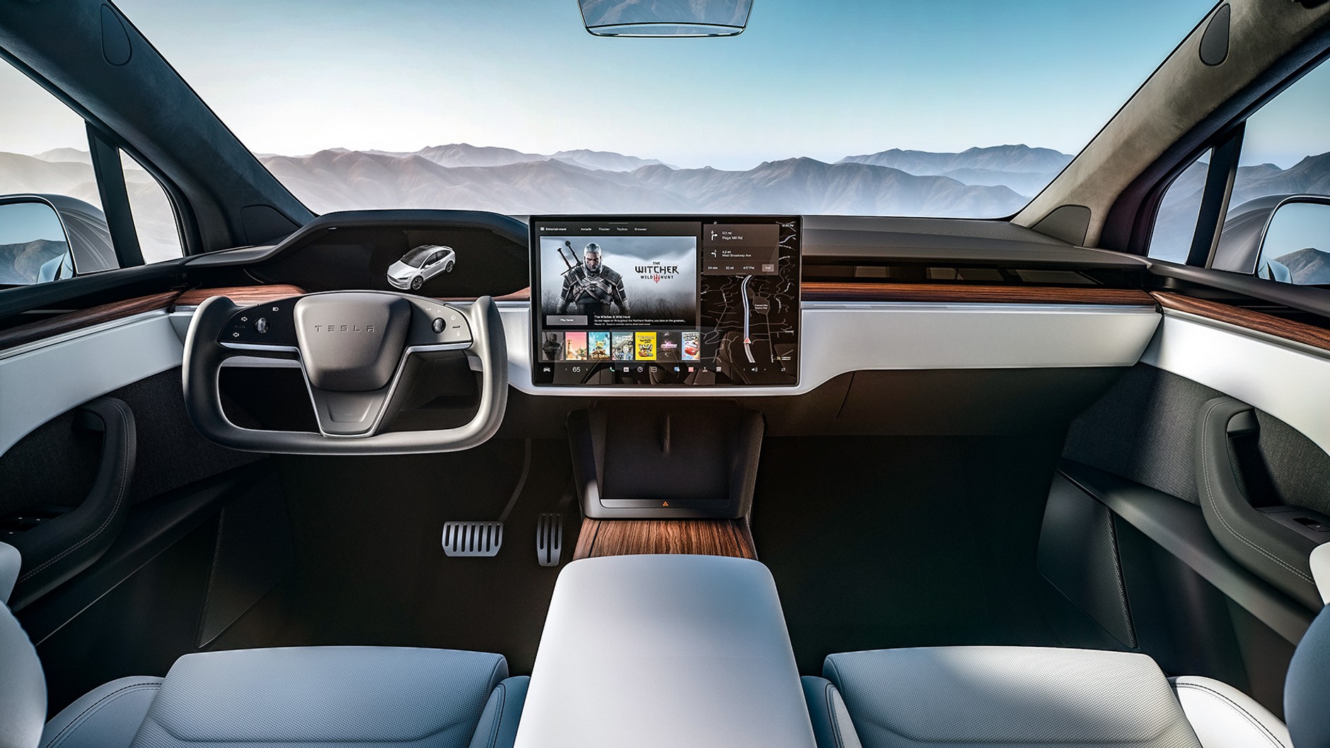 Centralny ekran Tesli Modelu X Plaid, teraz usytuowany poziomo, można odchylić ku kierowcy