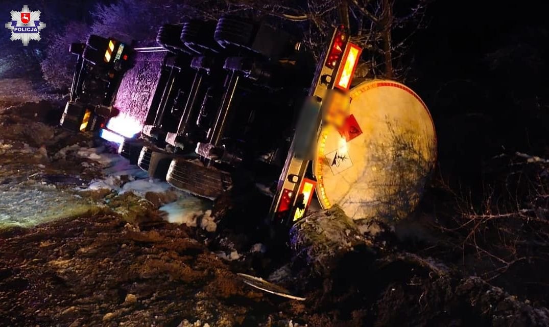 Nietrzeźwy kierowca przewrócił cysternę z paliwem