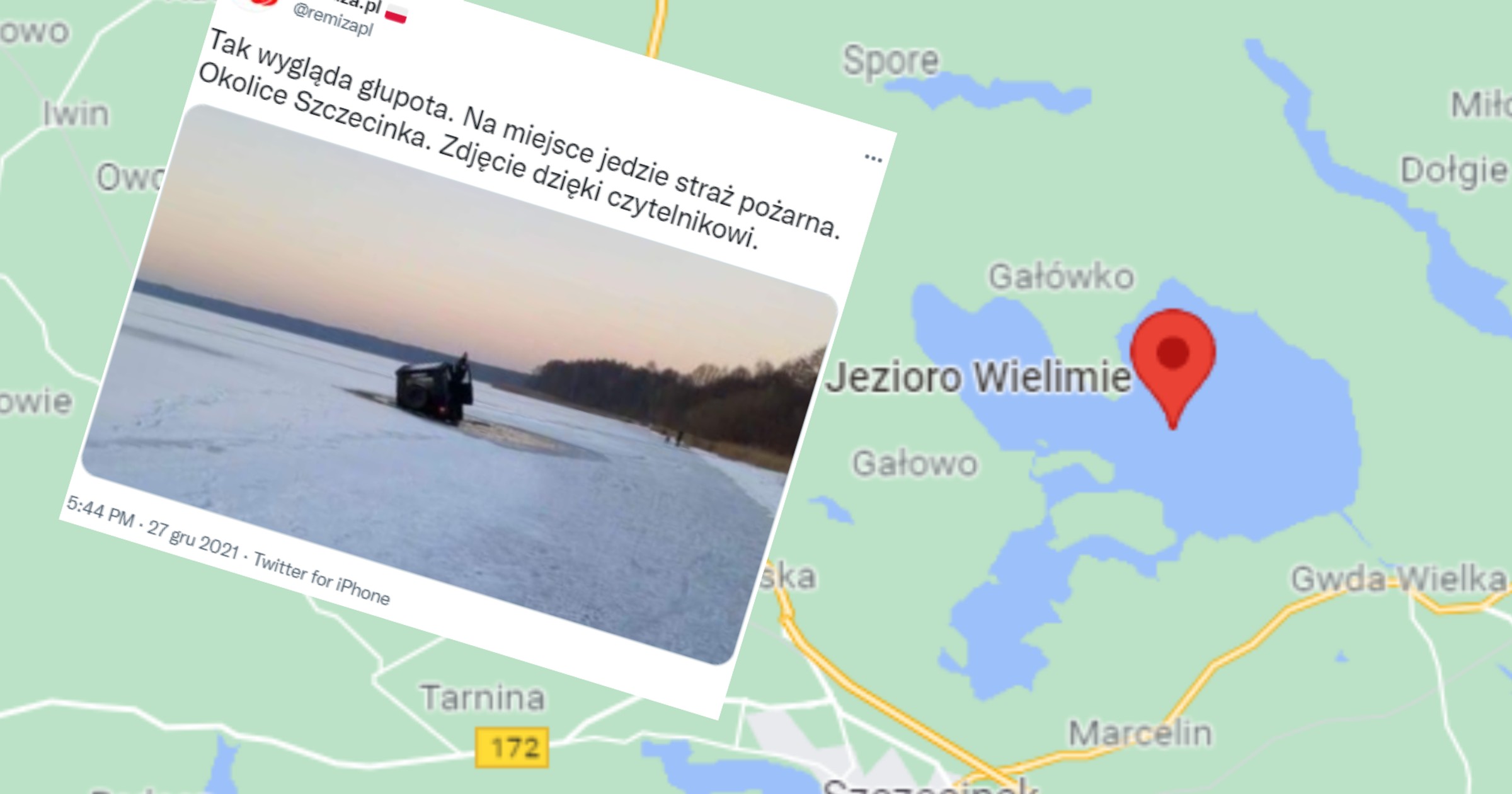 Dwie osoby wjechały samochodem na zamarznięte jezioro Wielimie koło Szczecinka (twitter.com/remizapl)