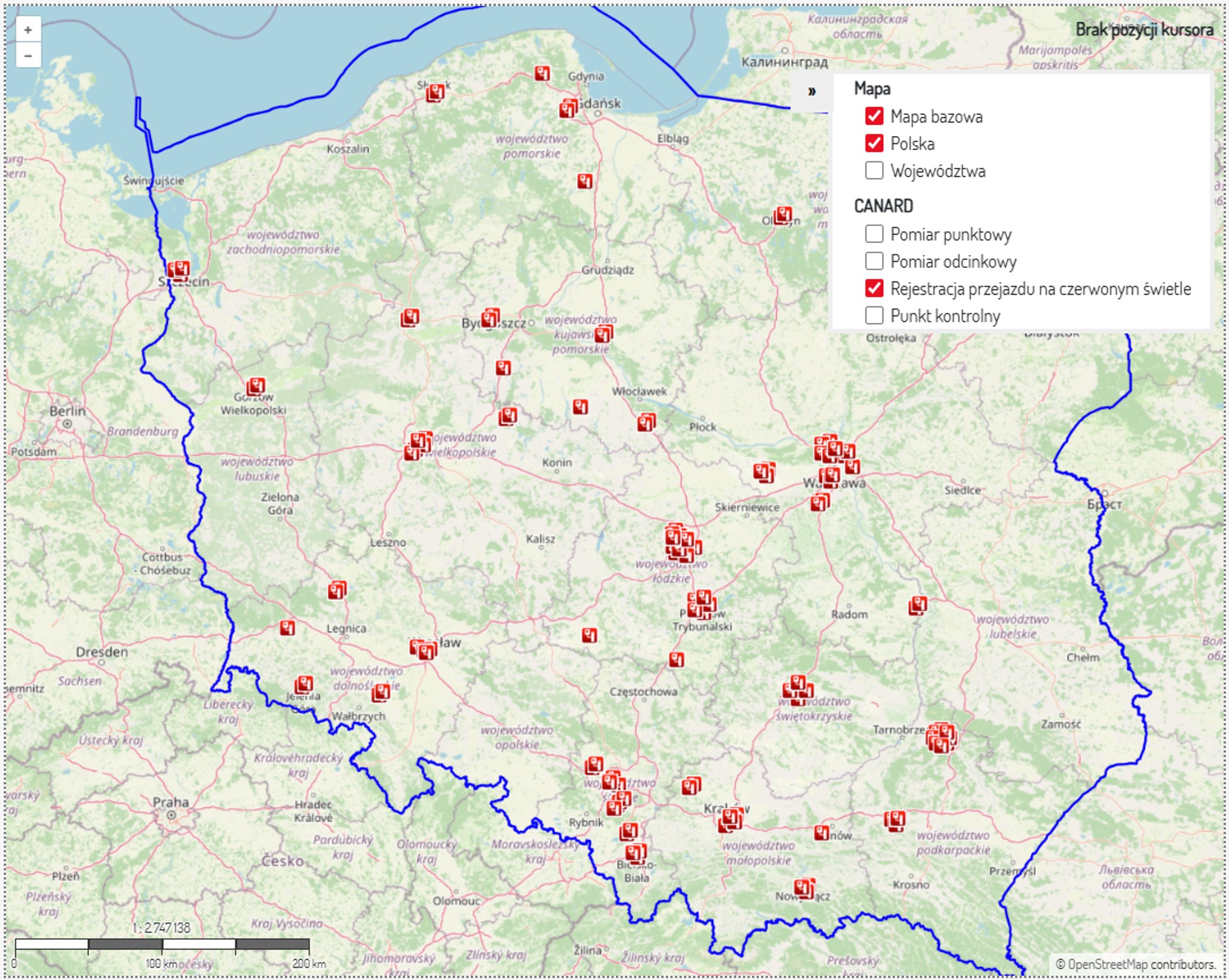 Aktualna mapa rejestracji przejazdu na czerwonym świetle