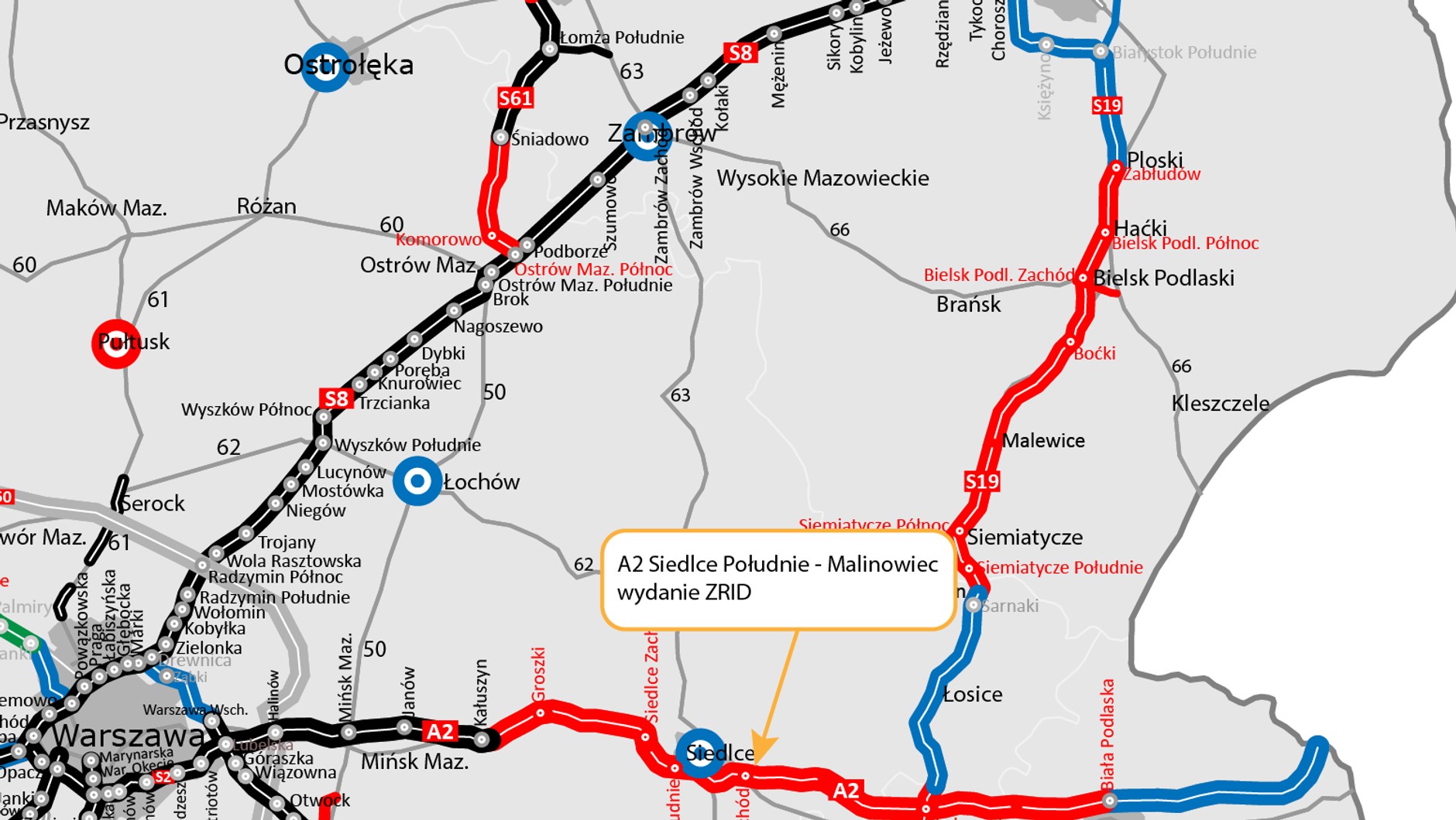 Mapa przebiegu A2 Warszawa — granica z Białorusią