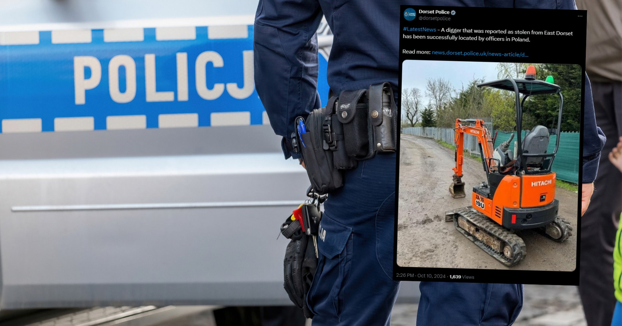Koparka z Anglii znalazła się w Polsce. Policja tłumaczy (fot. screen: Twitter/dorsetpolice)