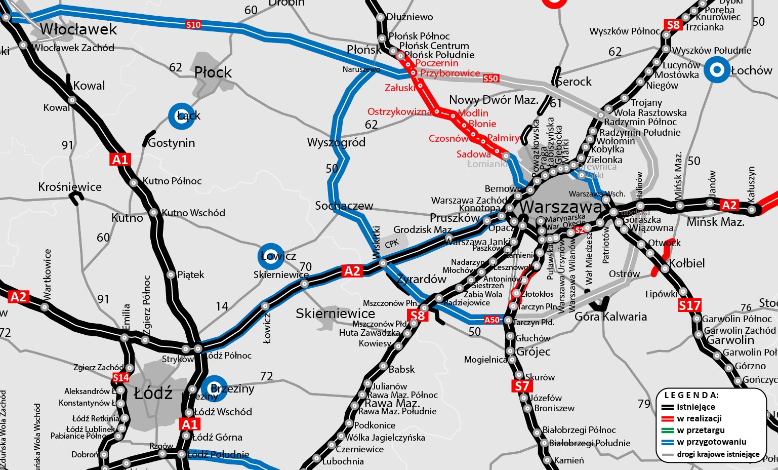 Mapa Obwodnicy Aglomeracji Warszawskiej