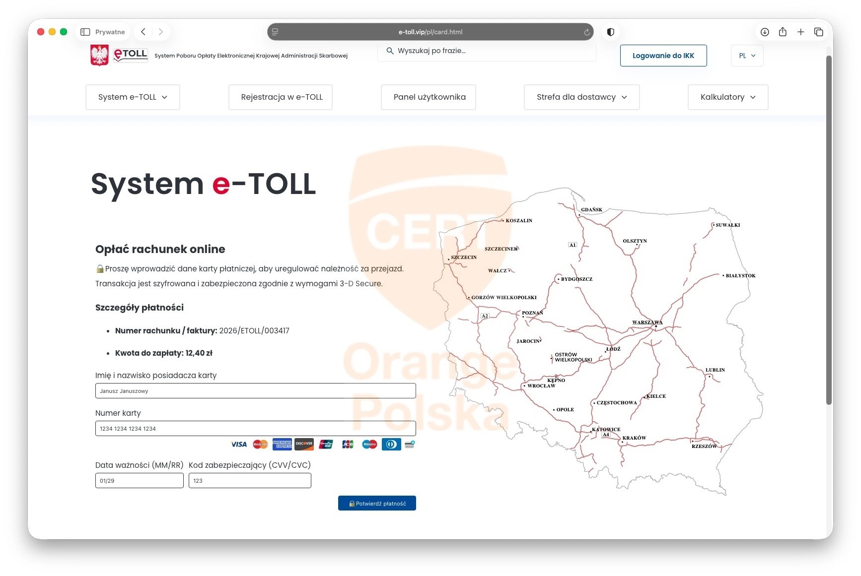 Fałszywa strona do płatności w systemie e-TOLL pokazana przez CERT Orange