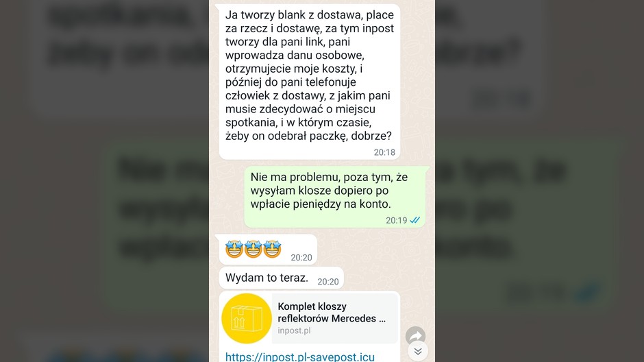 Korespondencja z oszustem na WhatsApp