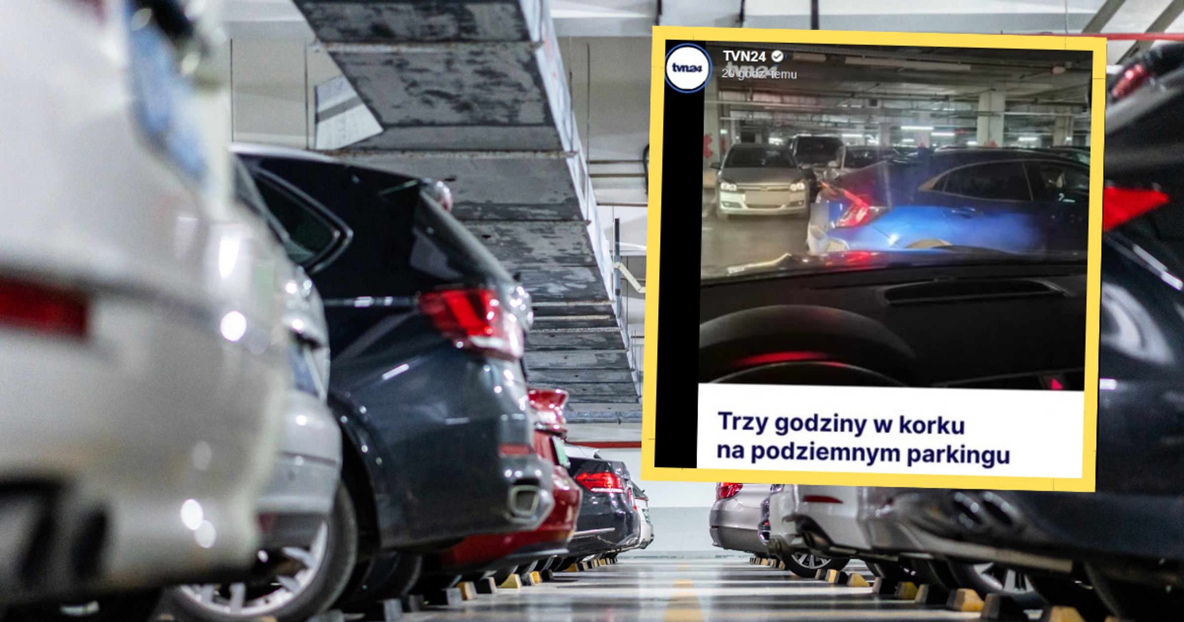 Kierowcy utknęli w korku przy wyjeździe z parkingu galerii Młociny (fot. w ramce: Facebook/TVN24)