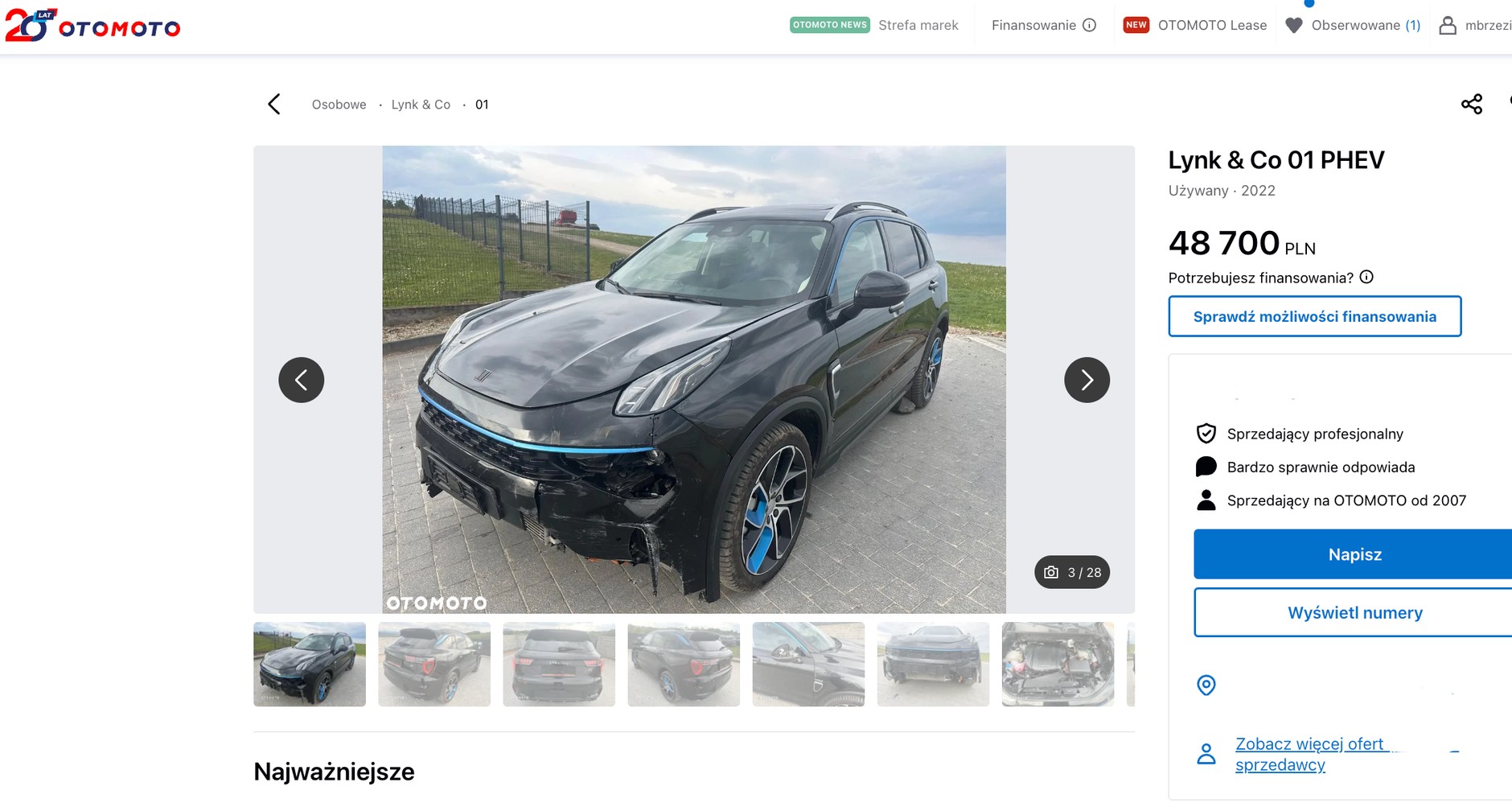 Uszkodzony Lynk & Co 01 PHEV na Otomoto.