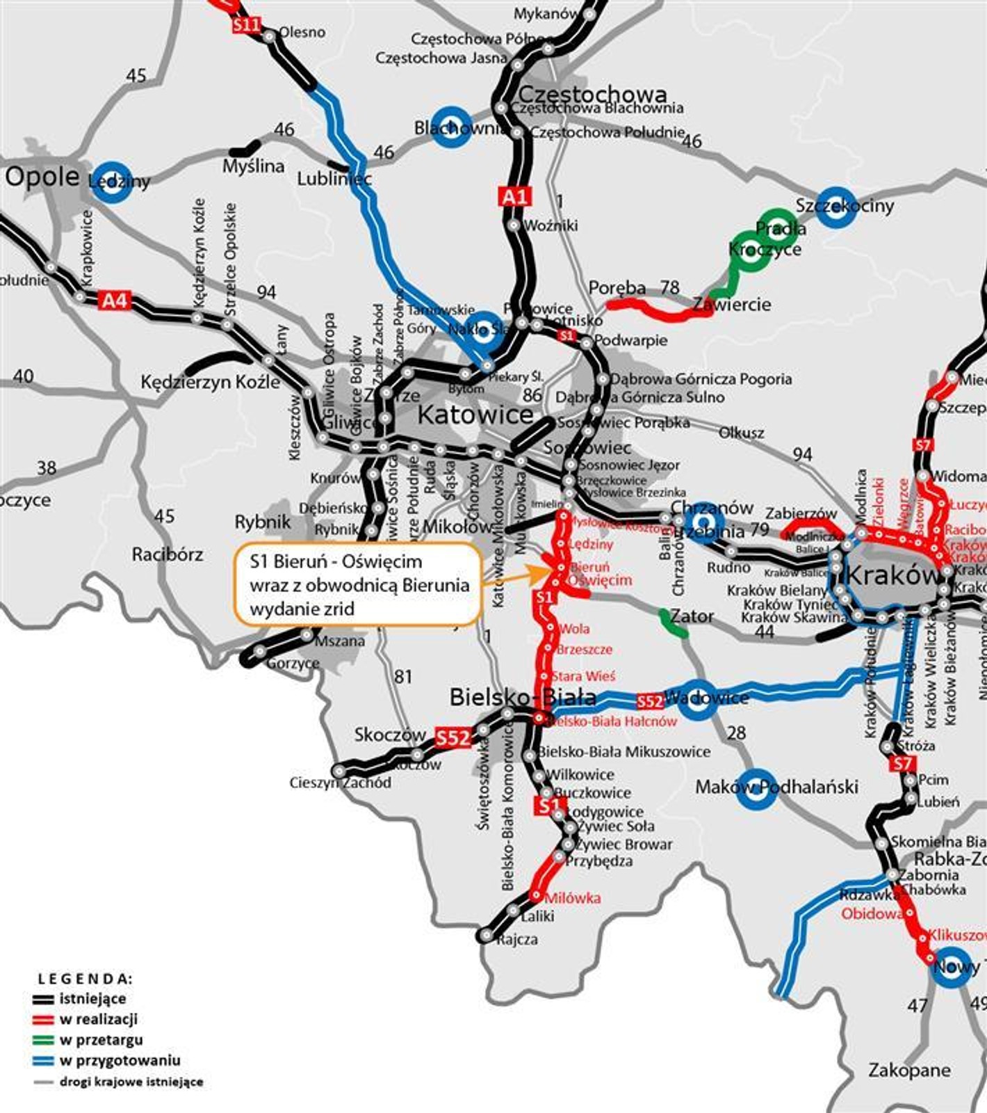 Mapa z przyszłą drogą S1 i odcinkiem I/A (Bieruń — Oświęcim)