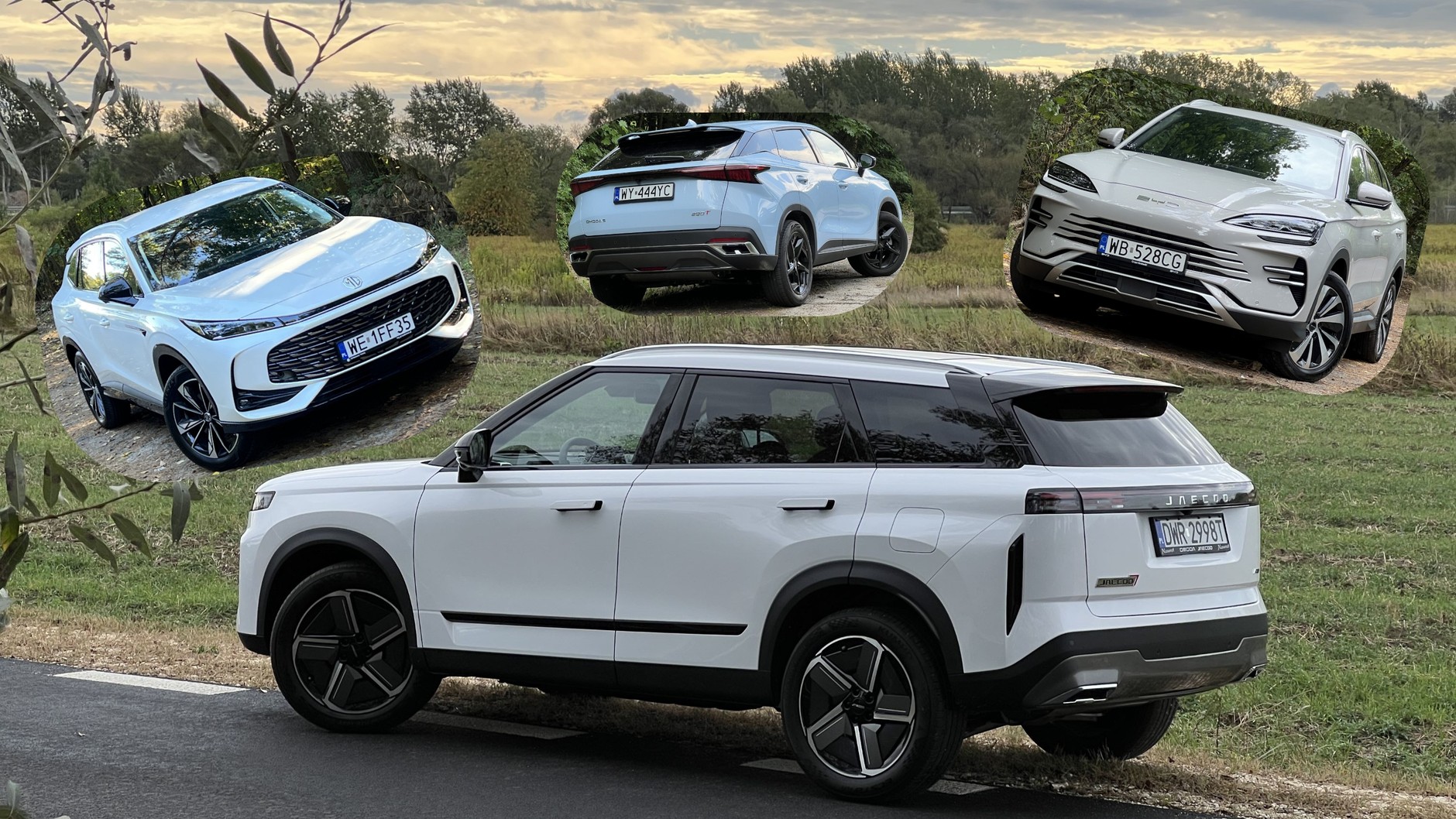 Jaecoo 7 (na pierwszym planie). U góry od lewej: MG HS, Omoda 5 i BYD Seal U DM-i