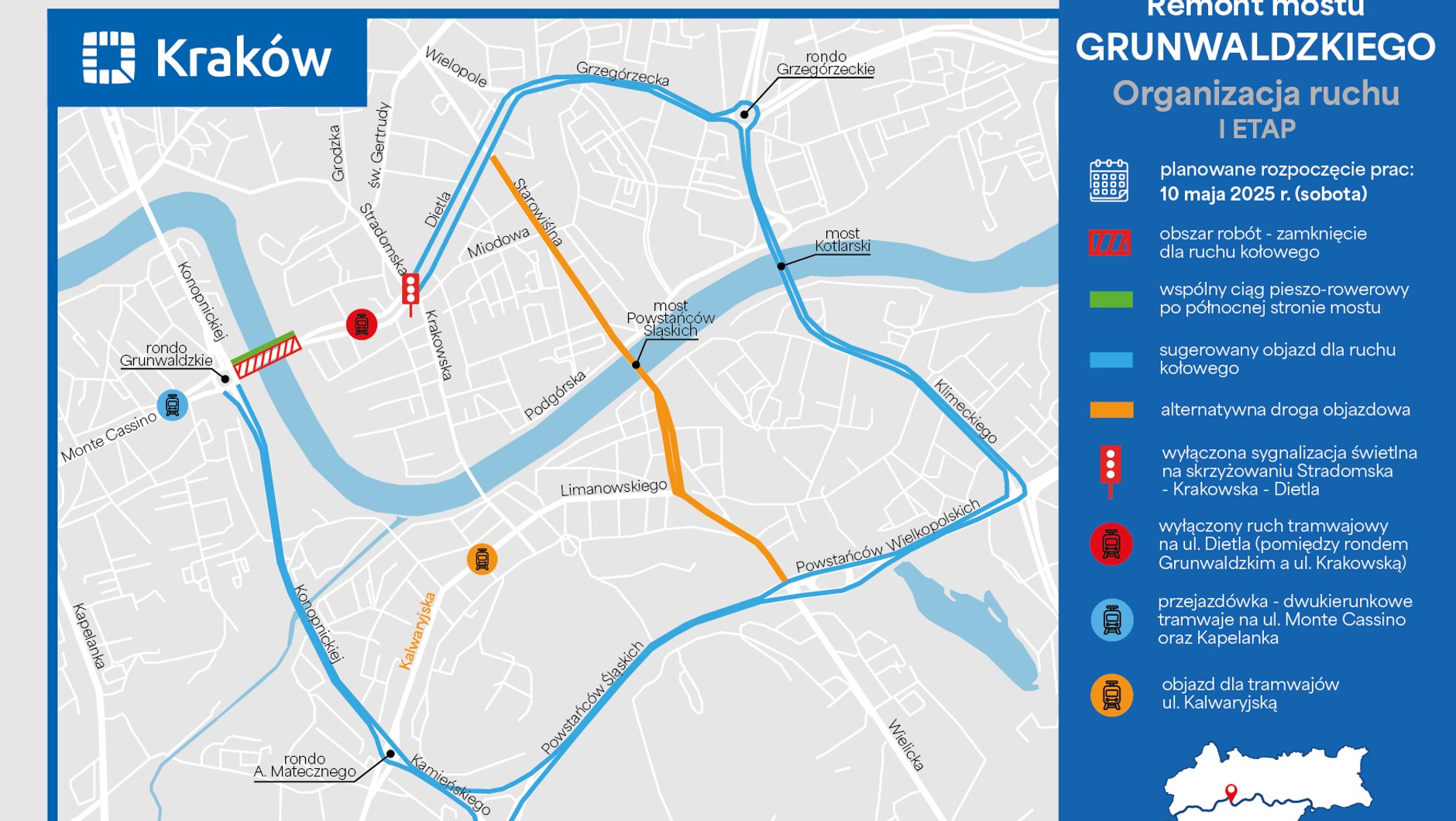 Remont Mostu Grunwaldzkiego w Krakowie - organizacja ruchu